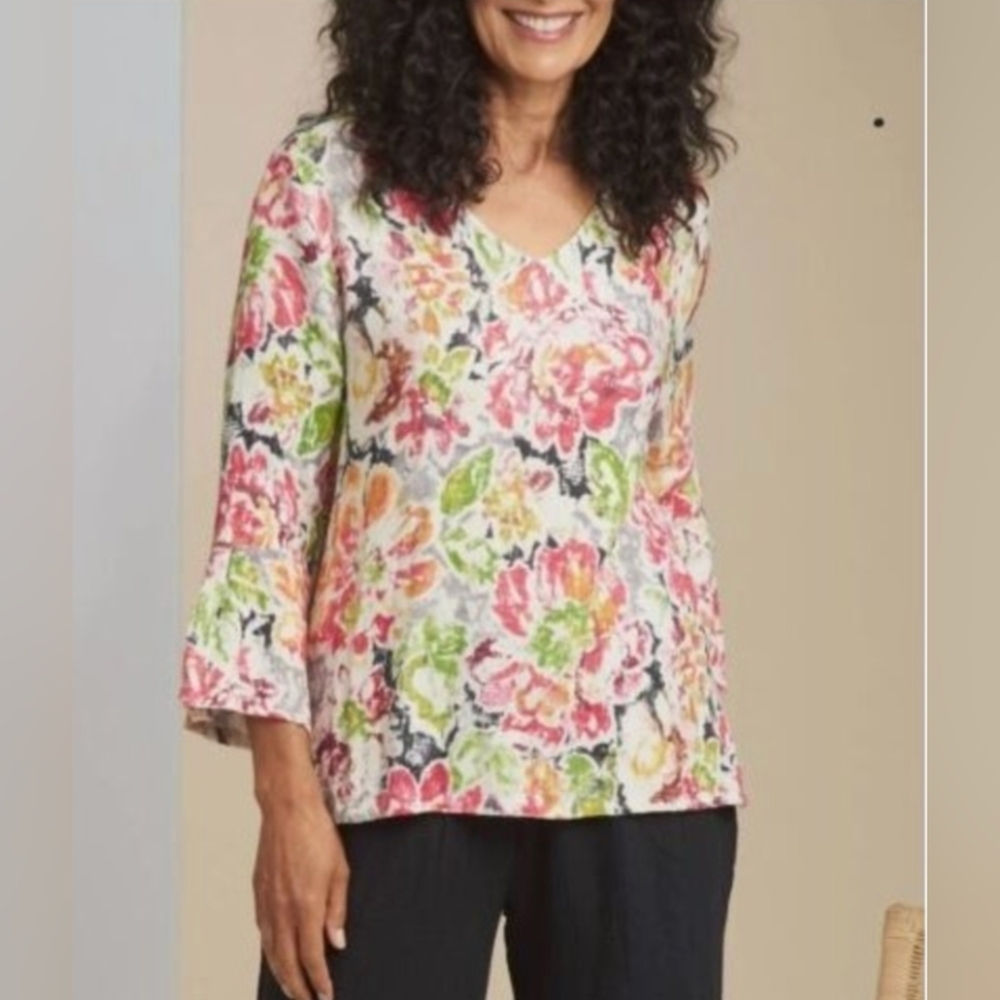 HABITAT* pleated boxy button front 3/4 sleeve tunic top jacket blouse size L